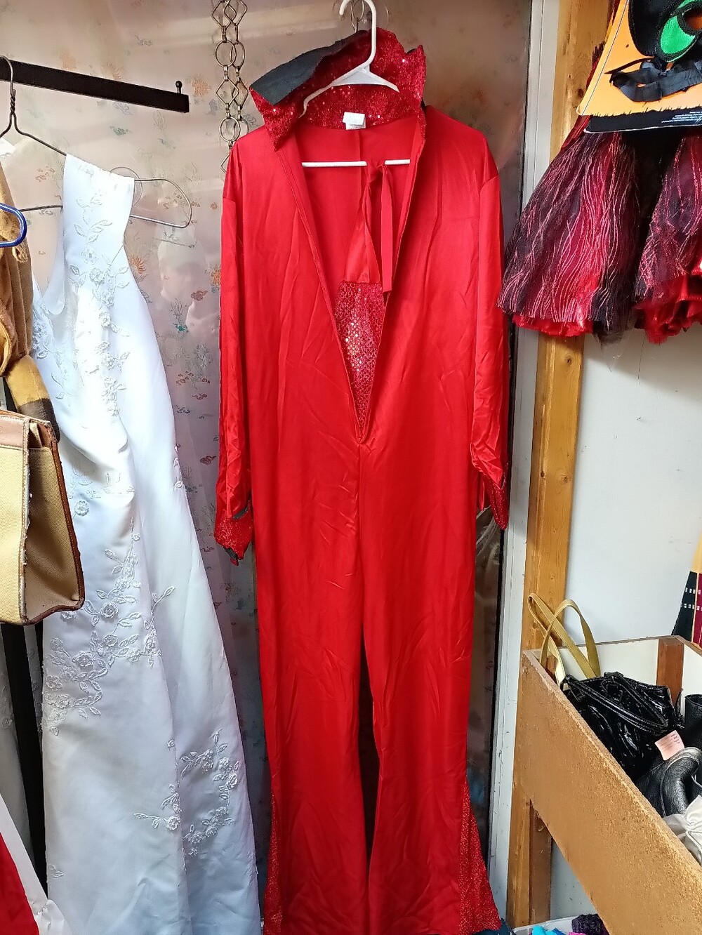 Halloween Devil Red Silk Jumpsuit With Cape And Belt. One Size Fits Most